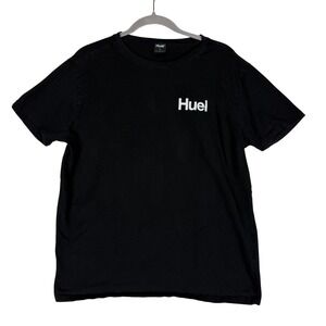 Huel Shirt Mens Large Black Logo Graphic Tee Back Print Stretch Crewneck Cotton